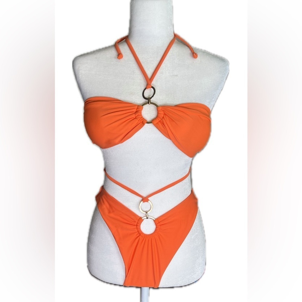 NWT PrettyLittleThing orange o ring halter top bikini set size UK12 US8 - Picture 4 of 10